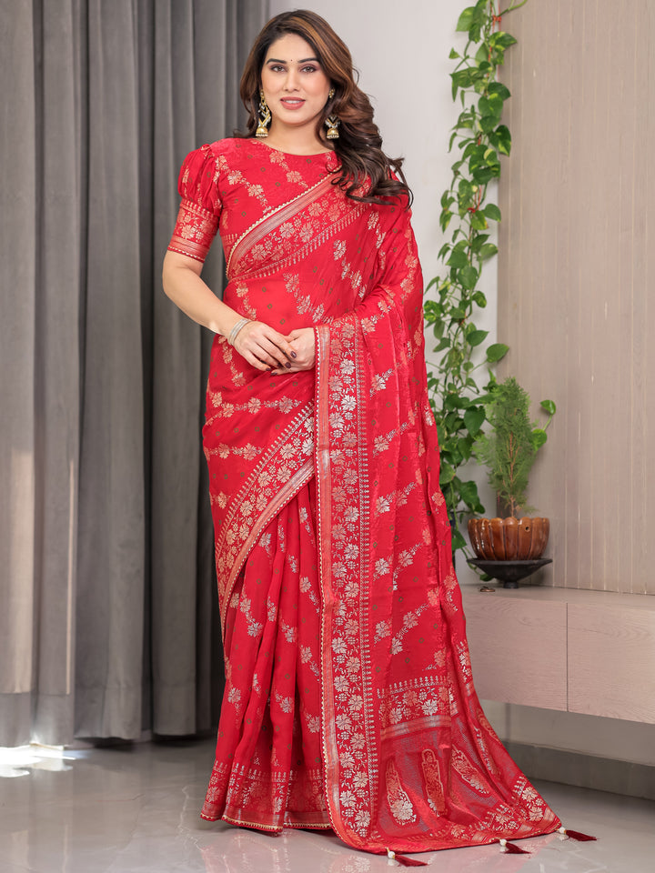 Crimson Red Fendi Satin Block & Foil Print Saree with Attached Blouse & Tassel Detailing
