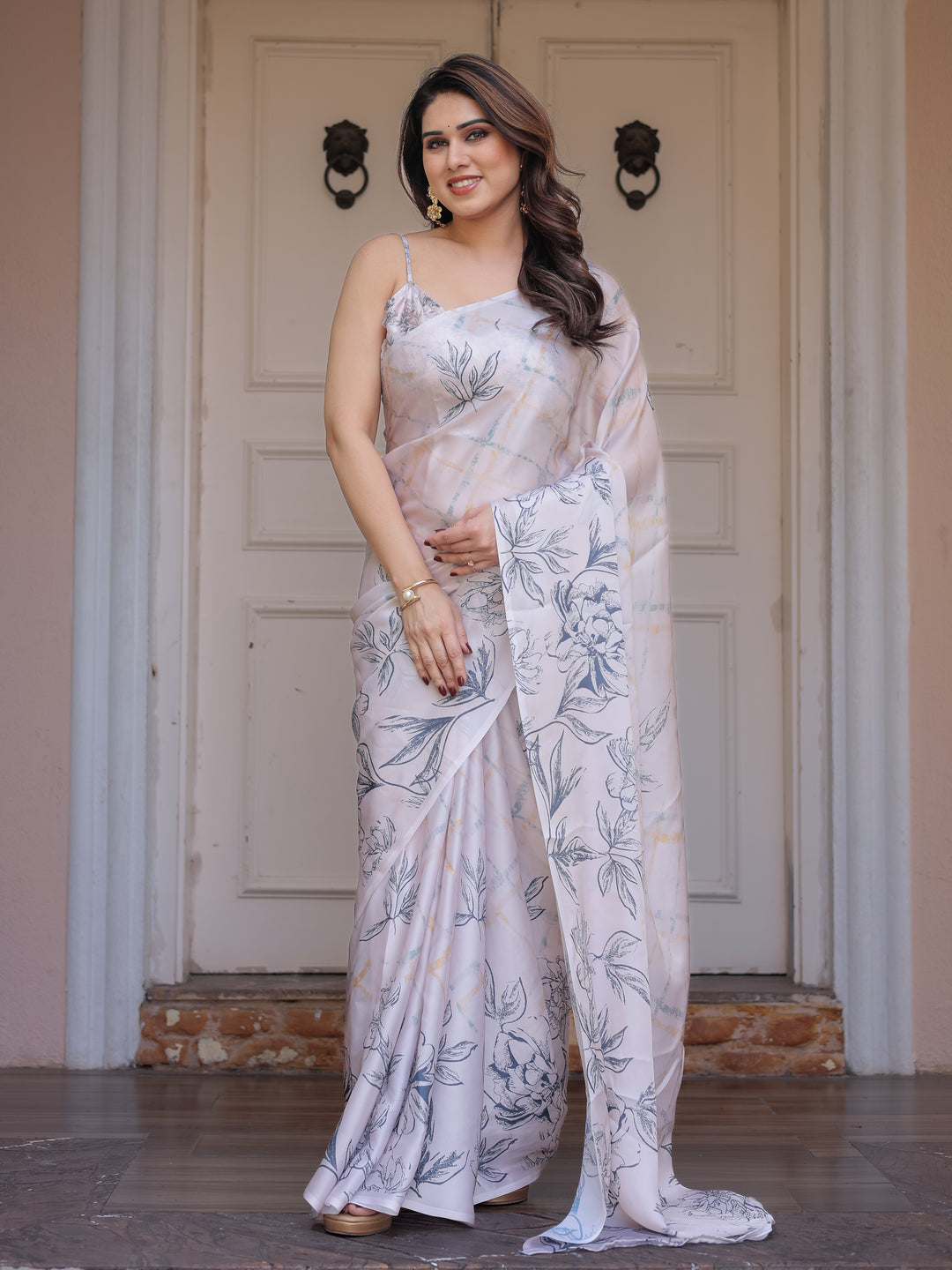 Ivory White Satin Georgette Botanical Printed Saree with Soft Grey Blouse & Artistic Floral Pallu | Elegant Minimal Party Wear Saree