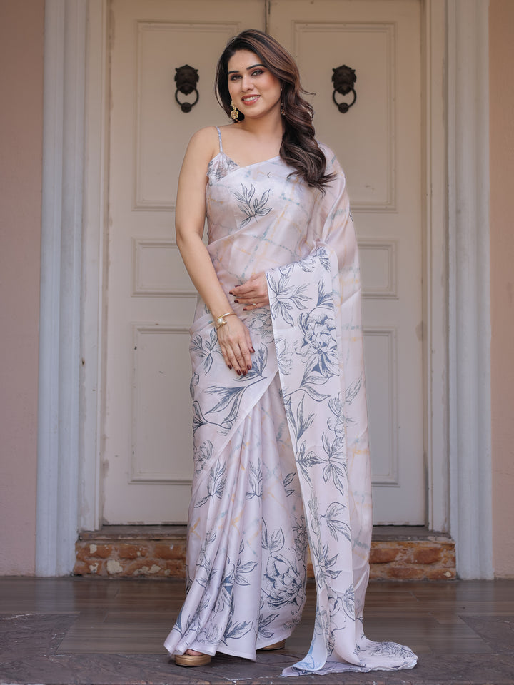 Ivory White Satin Georgette Botanical Printed Saree with Soft Grey Blouse & Artistic Floral Pallu | Elegant Minimal Party Wear Saree