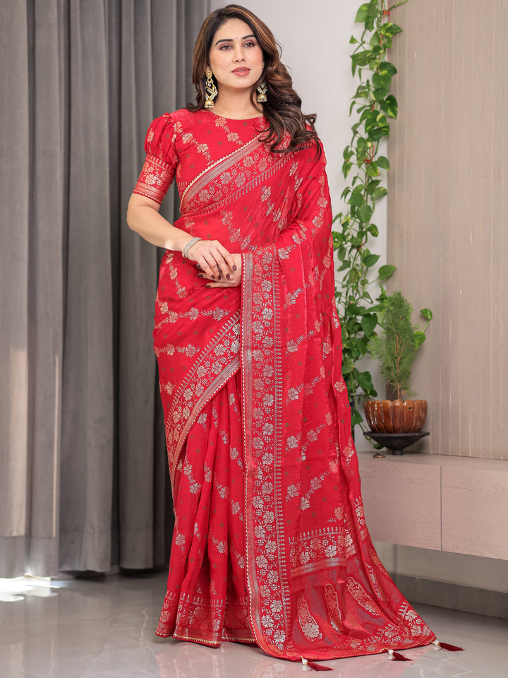 Crimson Red Fendi Satin Block & Foil Print Saree with Attached Blouse & Tassel Detailing