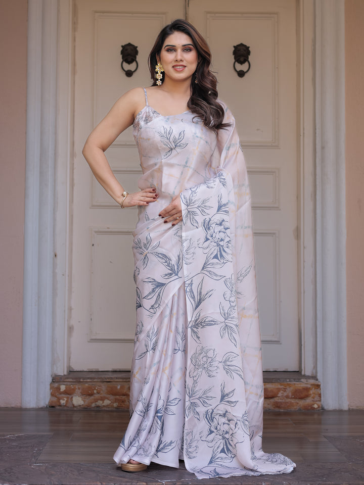Ivory White Satin Georgette Botanical Printed Saree with Soft Grey Blouse & Artistic Floral Pallu | Elegant Minimal Party Wear Saree