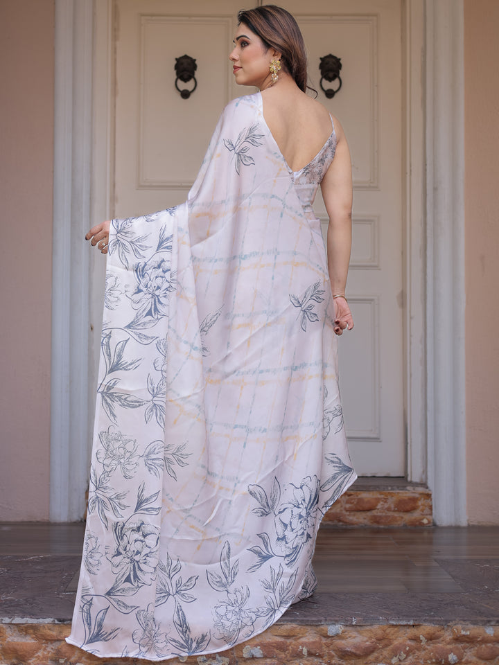 Ivory White Satin Georgette Botanical Printed Saree with Soft Grey Blouse & Artistic Floral Pallu | Elegant Minimal Party Wear Saree