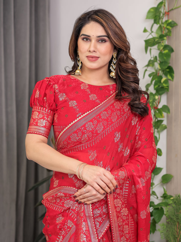 Crimson Red Fendi Satin Block & Foil Print Saree with Attached Blouse & Tassel Detailing