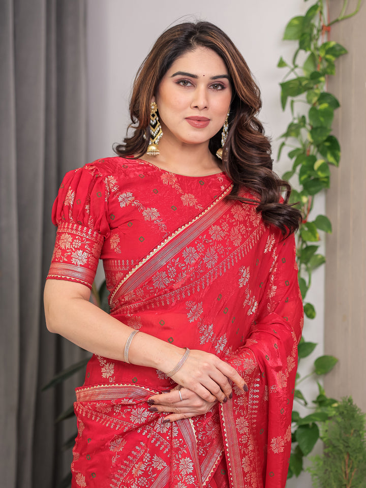 Crimson Red Fendi Satin Block & Foil Print Saree with Attached Blouse & Tassel Detailing