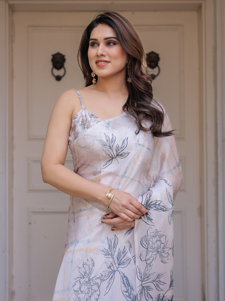 Ivory White Satin Georgette Botanical Printed Saree with Soft Grey Blouse & Artistic Floral Pallu | Elegant Minimal Party Wear Saree