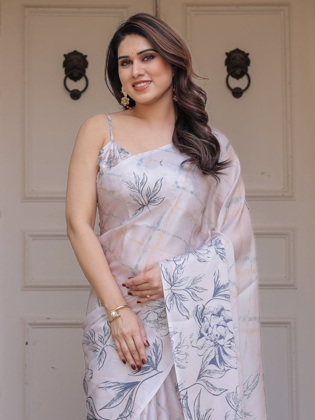 Ivory White Satin Georgette Botanical Printed Saree with Soft Grey Blouse & Artistic Floral Pallu | Elegant Minimal Party Wear Saree
