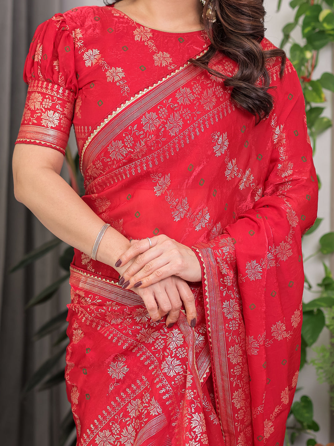 Crimson Red Fendi Satin Block & Foil Print Saree with Attached Blouse & Tassel Detailing