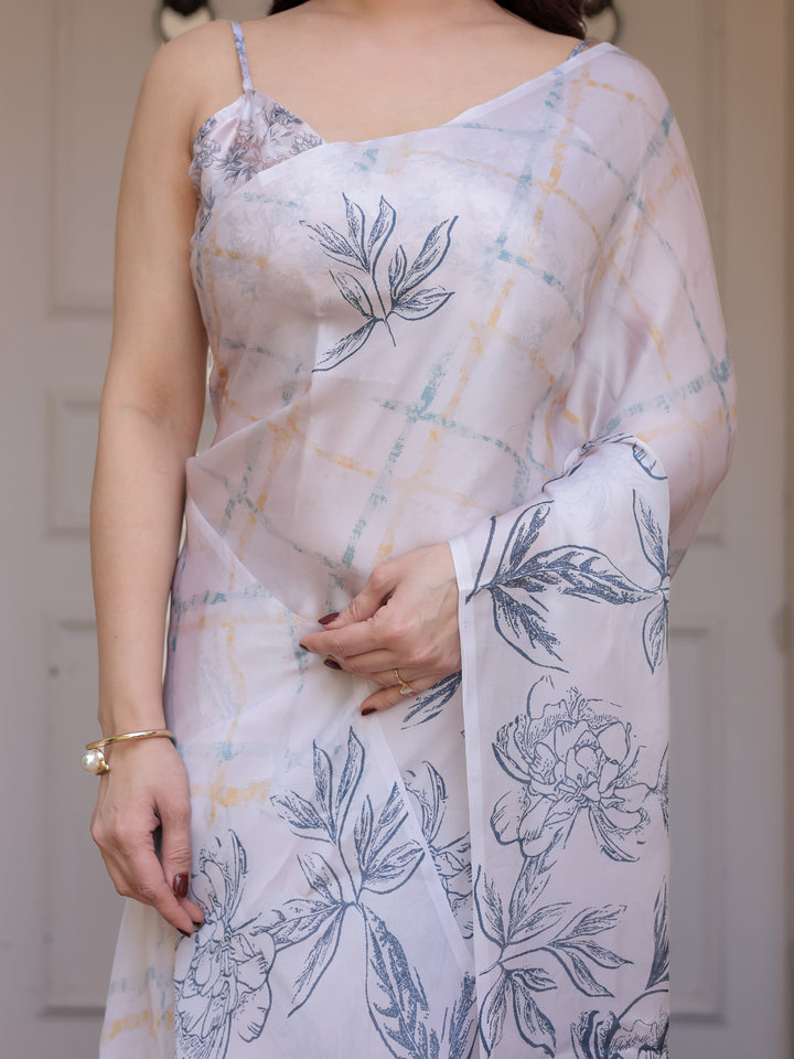 Ivory White Satin Georgette Botanical Printed Saree with Soft Grey Blouse & Artistic Floral Pallu | Elegant Minimal Party Wear Saree