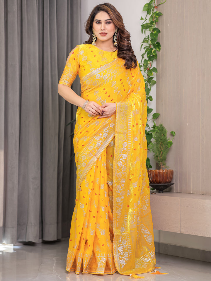 Sunshine Yellow Fendi Satin Block & Foil Print Saree with Attached Blouse & Tassel Detailing