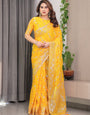 Sunshine Yellow Fendi Satin Block & Foil Print Saree with Attached Blouse & Tassel Detailing