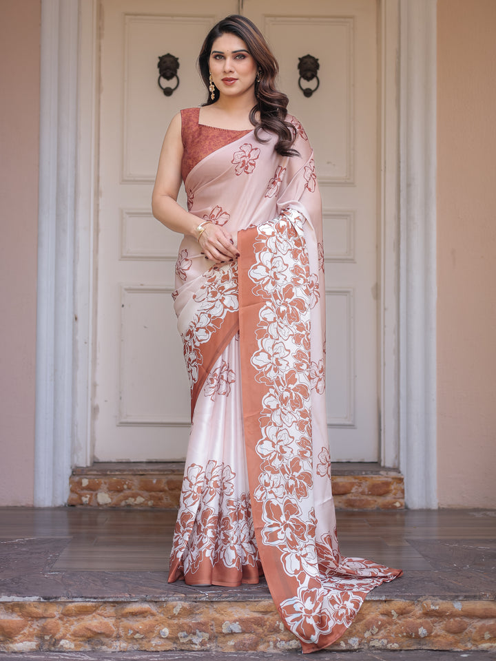 Peach Blush Satin Georgette Floral Printed Saree with Rust Brown Blouse & Statement Floral Pallu | Soft Elegant Party Wear Saree