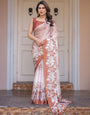 Peach Blush Satin Georgette Floral Printed Saree with Rust Brown Blouse & Statement Floral Pallu | Soft Elegant Party Wear Saree