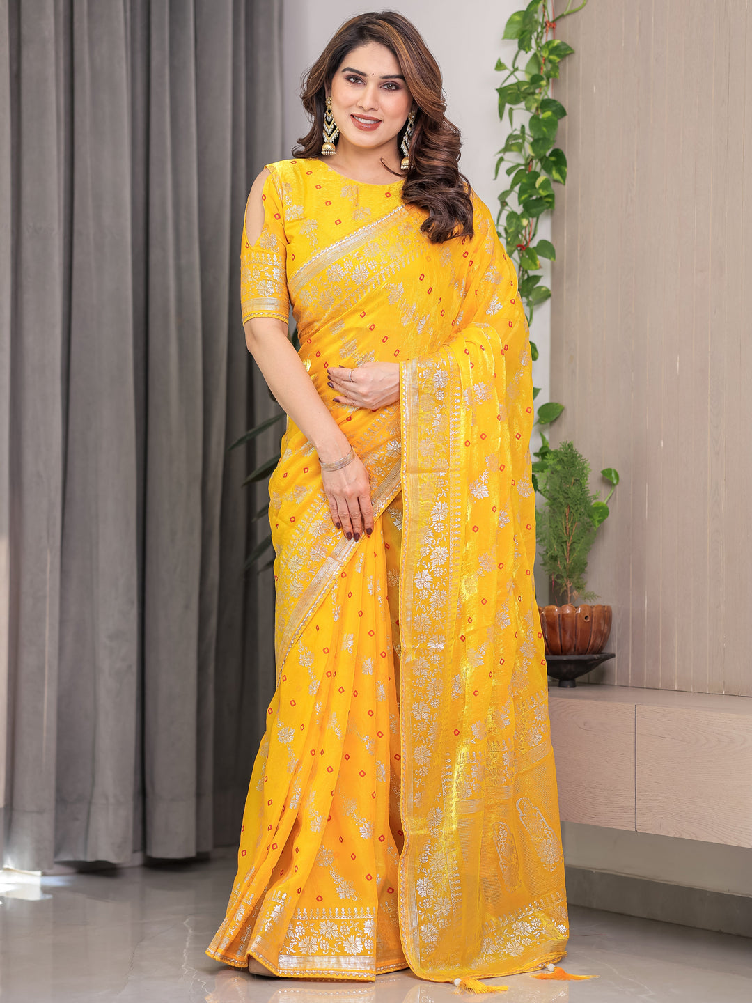 Sunshine Yellow Fendi Satin Block & Foil Print Saree with Attached Blouse & Tassel Detailing