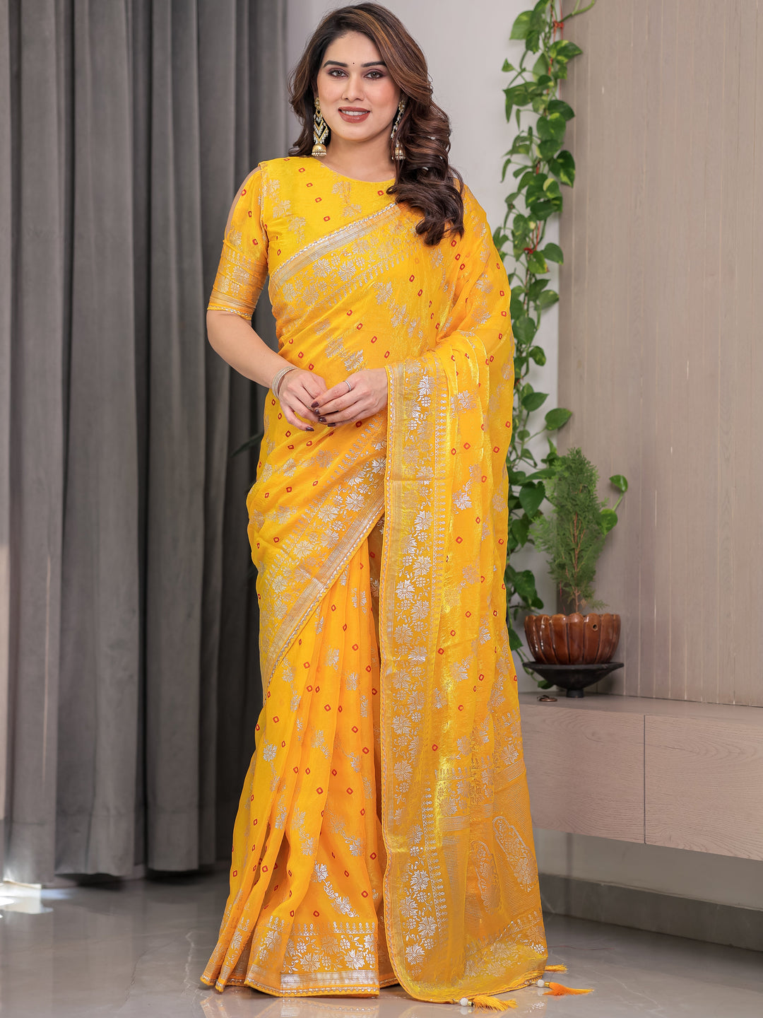Sunshine Yellow Fendi Satin Block & Foil Print Saree with Attached Blouse & Tassel Detailing