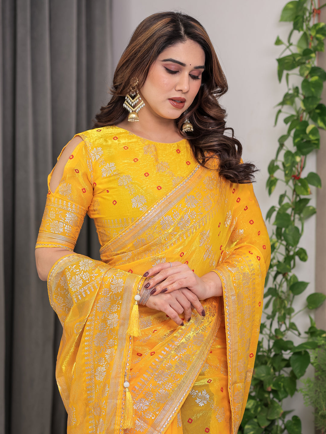 Sunshine Yellow Fendi Satin Block & Foil Print Saree with Attached Blouse & Tassel Detailing