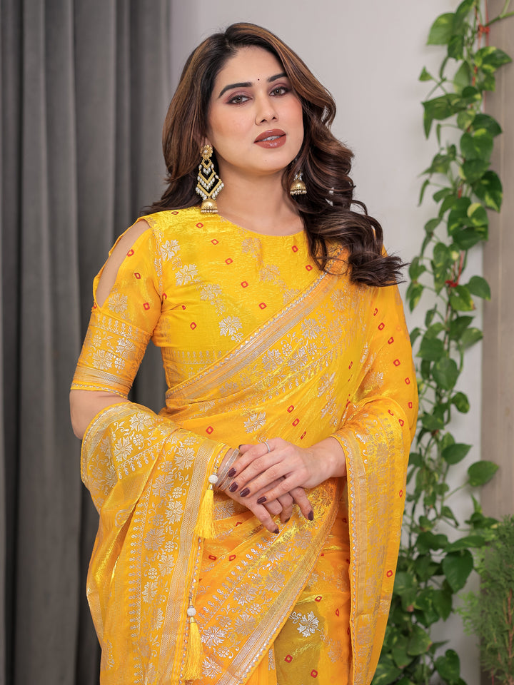 Sunshine Yellow Fendi Satin Block & Foil Print Saree with Attached Blouse & Tassel Detailing