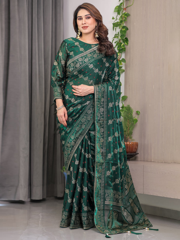 Emerald Green Fendi Satin Block & Foil Print Saree with Attached Blouse & Tassel Finish