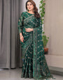Emerald Green Fendi Satin Block & Foil Print Saree with Attached Blouse & Tassel Finish