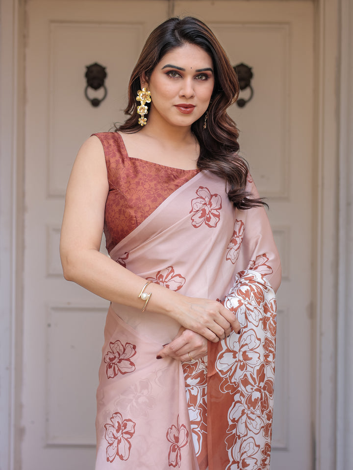 Peach Blush Satin Georgette Floral Printed Saree with Rust Brown Blouse & Statement Floral Pallu | Soft Elegant Party Wear Saree