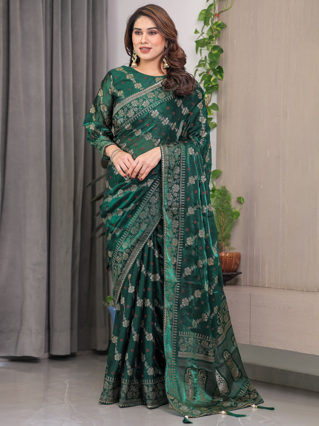 Emerald Green Fendi Satin Block & Foil Print Saree with Attached Blouse & Tassel Finish