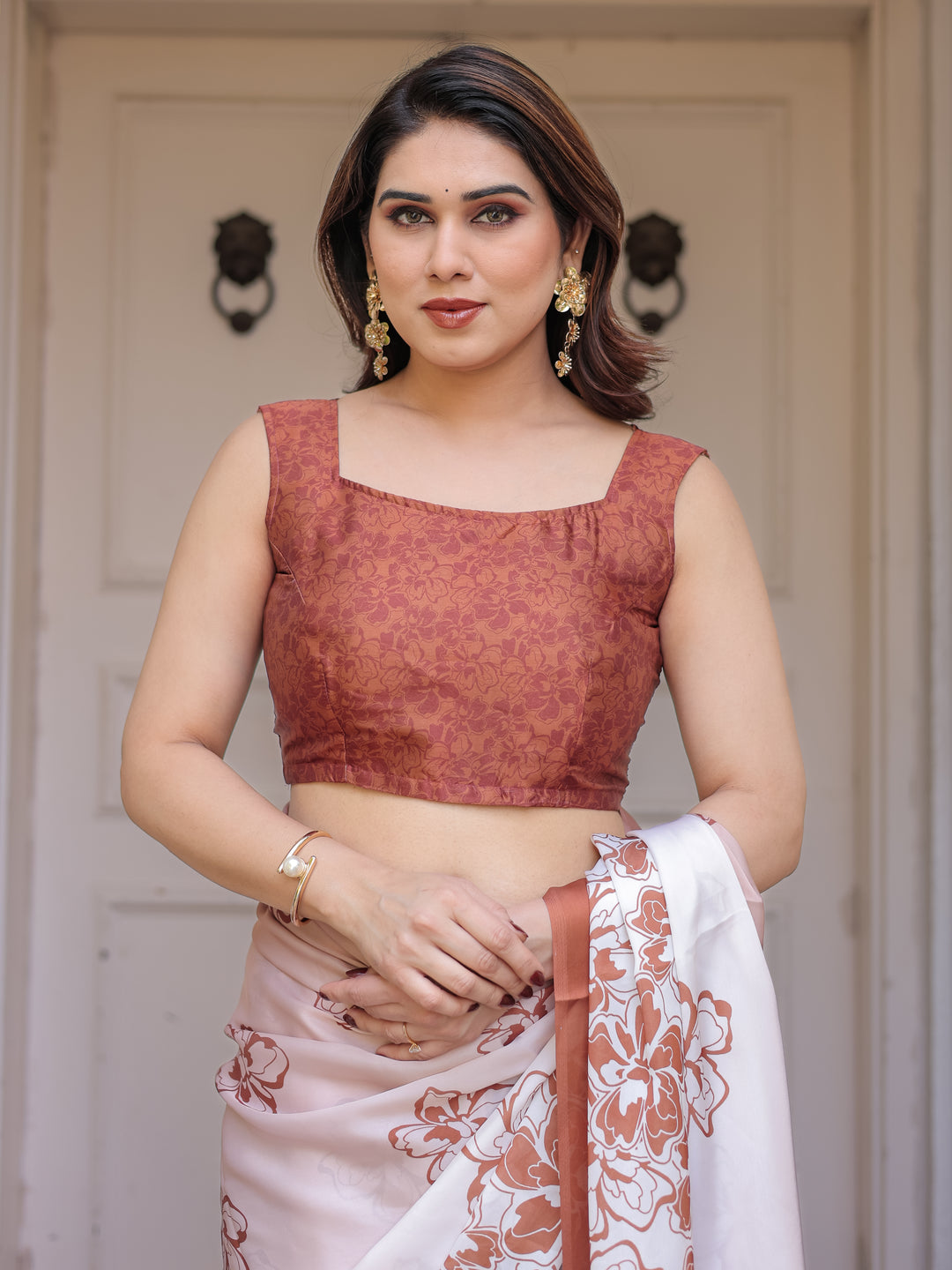 Peach Blush Satin Georgette Floral Printed Saree with Rust Brown Blouse & Statement Floral Pallu | Soft Elegant Party Wear Saree