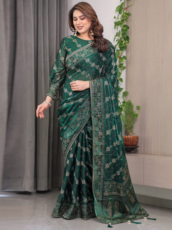 Emerald Green Fendi Satin Block & Foil Print Saree with Attached Blouse & Tassel Finish