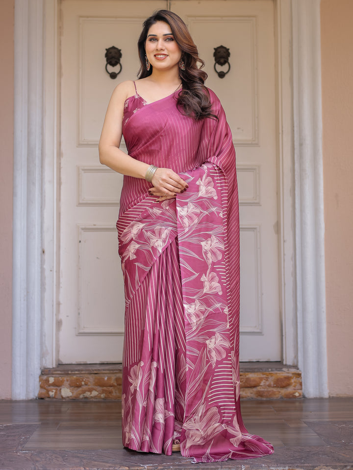 Rose Pink Linear Floral Printed Satin Georgette Saree with Matching Blouse – Graceful Day & Festive Wear