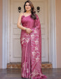 Rose Pink Linear Floral Printed Satin Georgette Saree with Matching Blouse – Graceful Day & Festive Wear