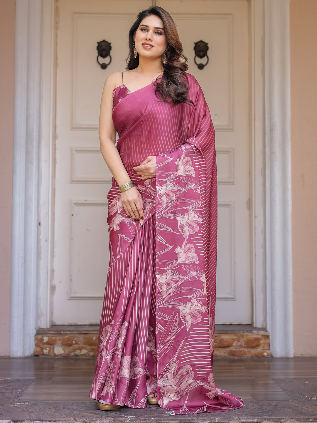 Rose Pink Linear Floral Printed Satin Georgette Saree with Matching Blouse – Graceful Day & Festive Wear