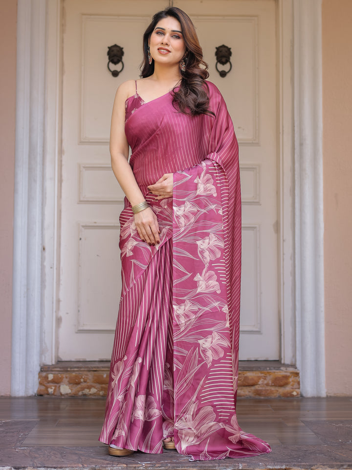 Rose Pink Linear Floral Printed Satin Georgette Saree with Matching Blouse – Graceful Day & Festive Wear