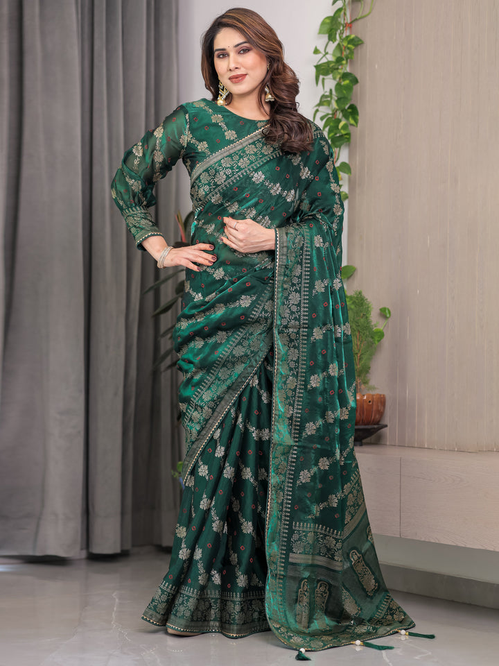 Emerald Green Fendi Satin Block & Foil Print Saree with Attached Blouse & Tassel Finish