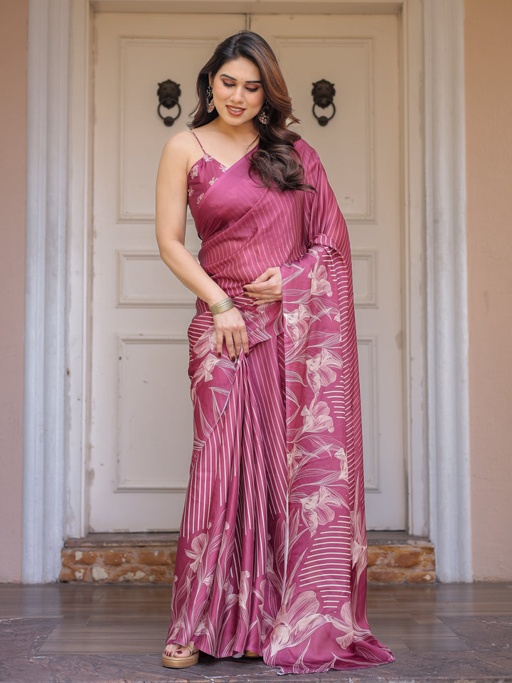 Rose Pink Linear Floral Printed Satin Georgette Saree with Matching Blouse – Graceful Day & Festive Wear