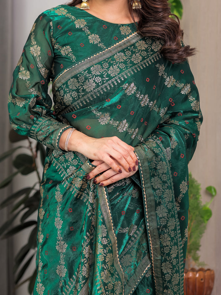 Emerald Green Fendi Satin Block & Foil Print Saree with Attached Blouse & Tassel Finish