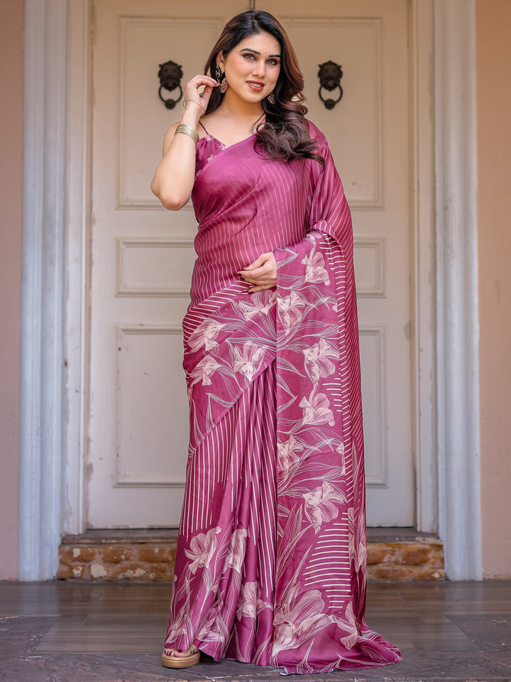 Rose Pink Linear Floral Printed Satin Georgette Saree with Matching Blouse – Graceful Day & Festive Wear