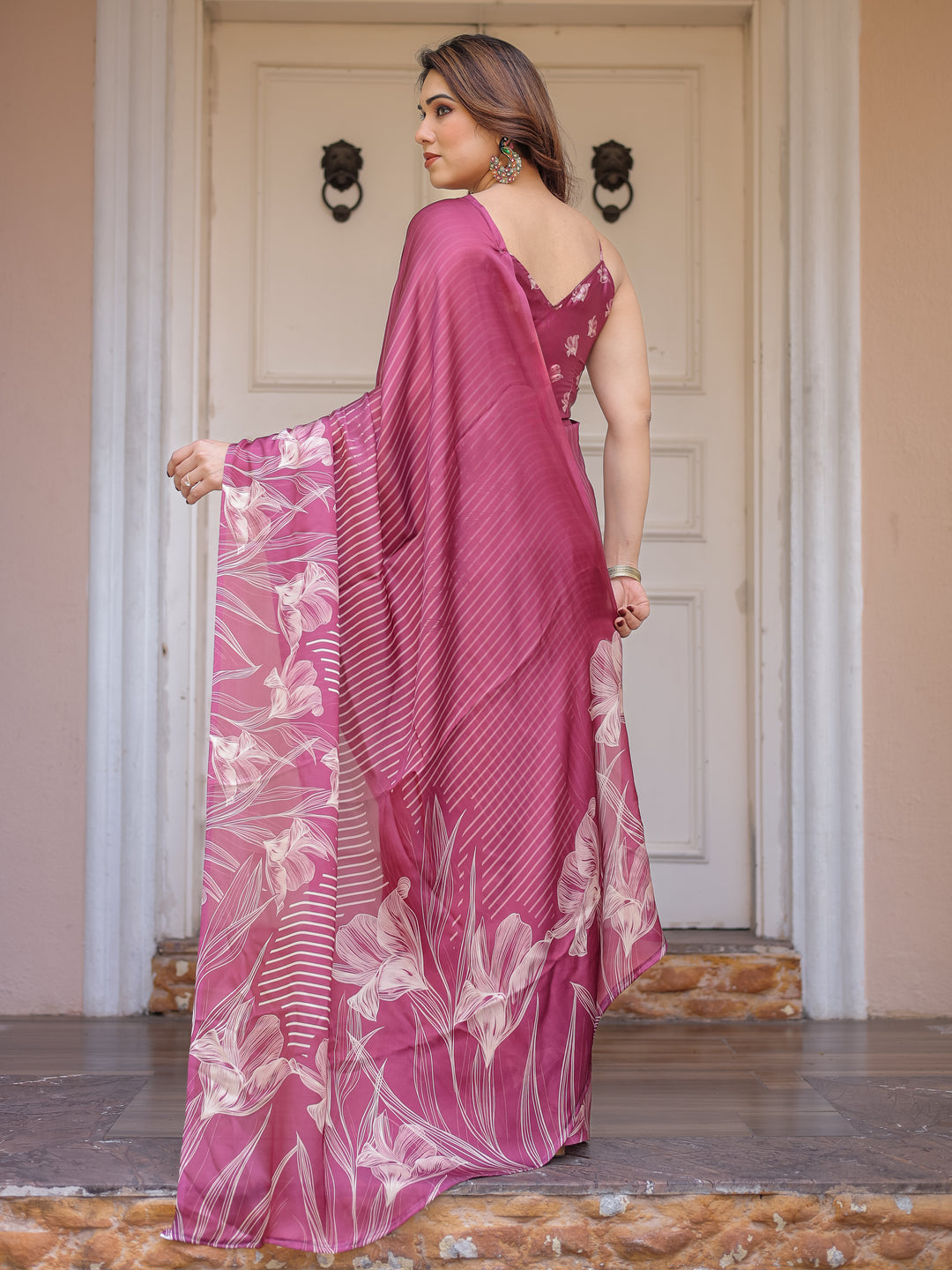 Rose Pink Linear Floral Printed Satin Georgette Saree with Matching Blouse – Graceful Day & Festive Wear