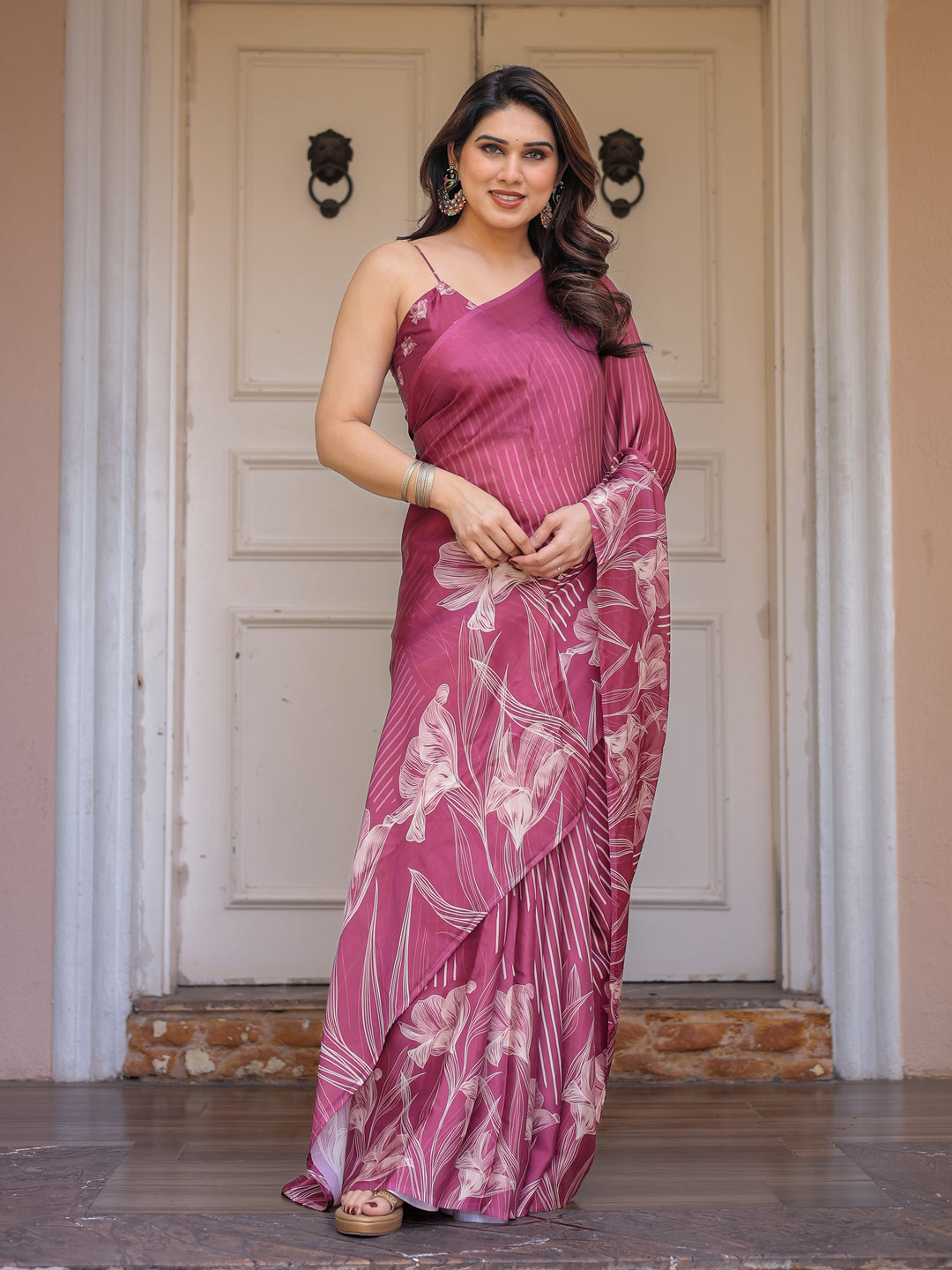 Rose Pink Linear Floral Printed Satin Georgette Saree with Matching Blouse – Graceful Day & Festive Wear