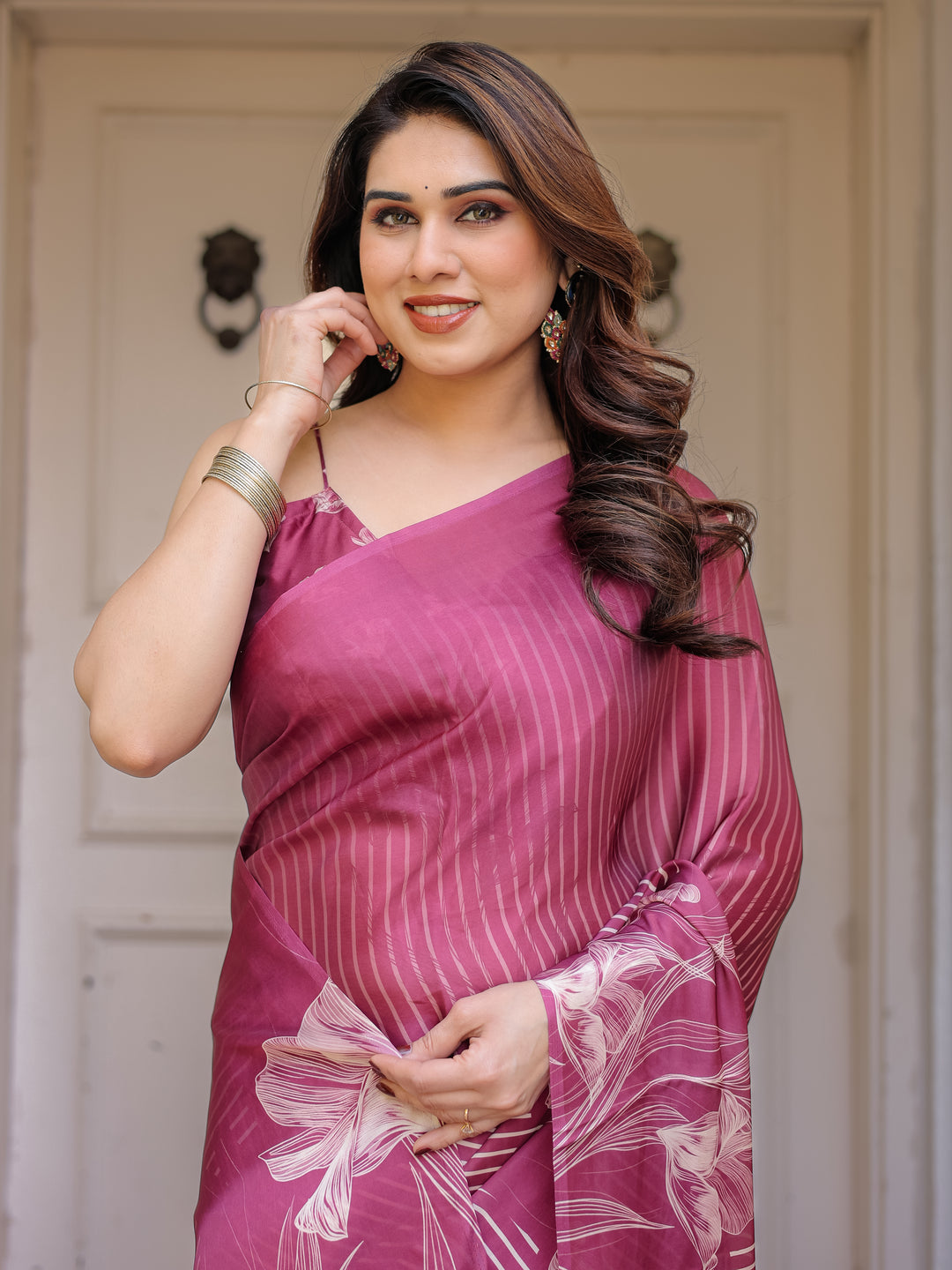 Rose Pink Linear Floral Printed Satin Georgette Saree with Matching Blouse – Graceful Day & Festive Wear