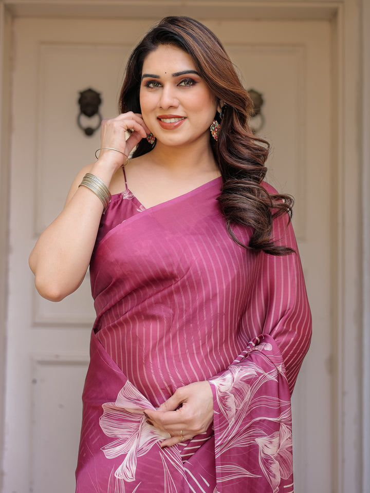 Rose Pink Linear Floral Printed Satin Georgette Saree with Matching Blouse – Graceful Day & Festive Wear
