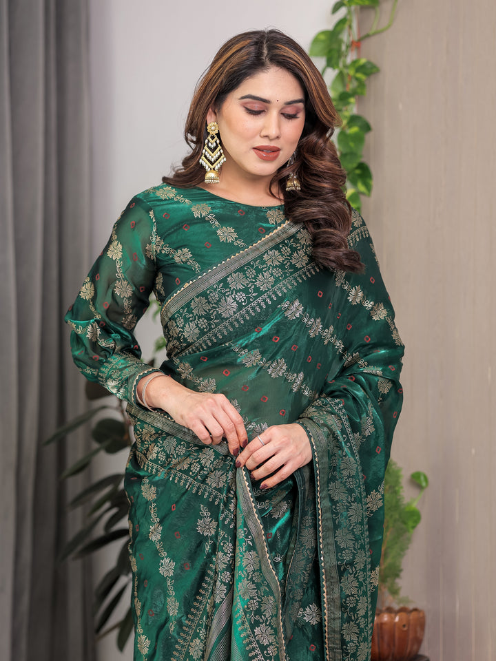 Emerald Green Fendi Satin Block & Foil Print Saree with Attached Blouse & Tassel Finish