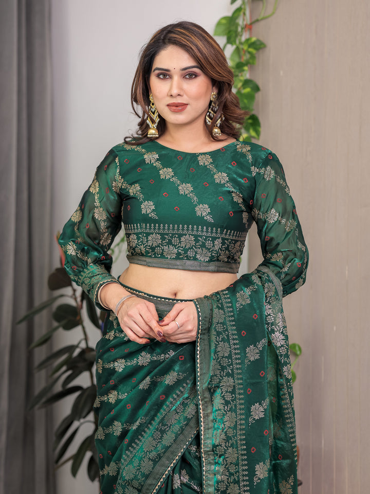 Emerald Green Fendi Satin Block & Foil Print Saree with Attached Blouse & Tassel Finish