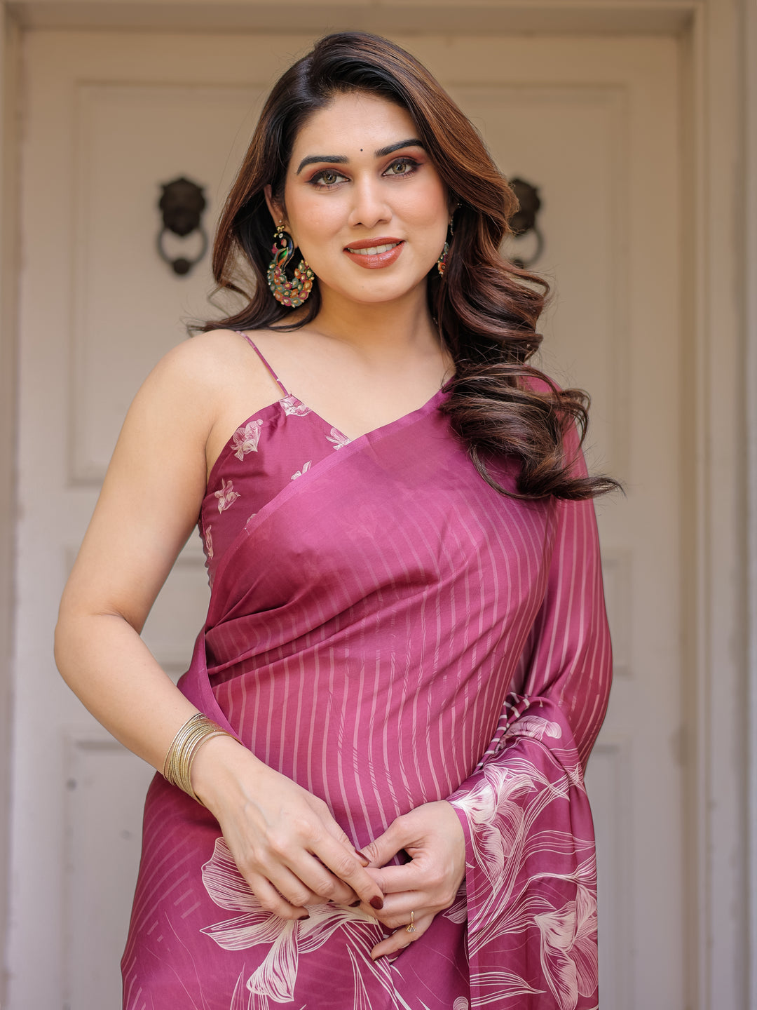 Rose Pink Linear Floral Printed Satin Georgette Saree with Matching Blouse – Graceful Day & Festive Wear