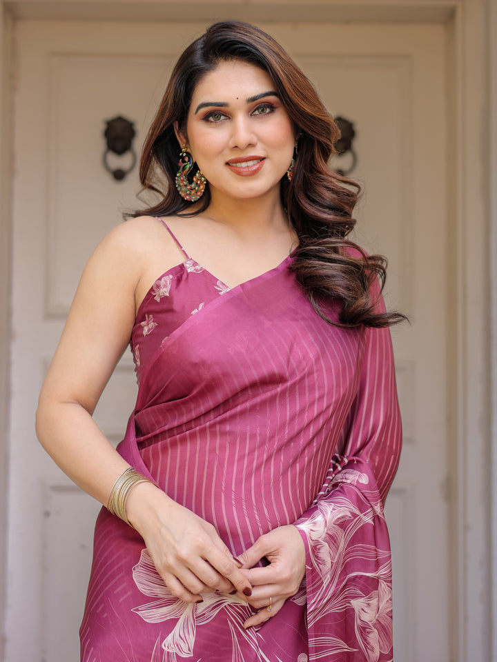 Rose Pink Linear Floral Printed Satin Georgette Saree with Matching Blouse – Graceful Day & Festive Wear