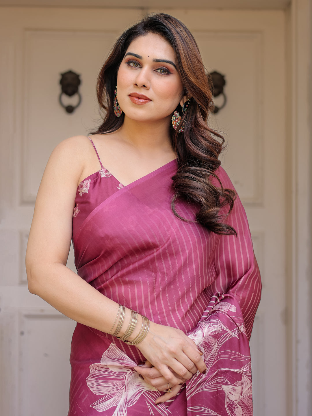 Rose Pink Linear Floral Printed Satin Georgette Saree with Matching Blouse – Graceful Day & Festive Wear