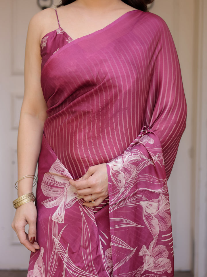 Rose Pink Linear Floral Printed Satin Georgette Saree with Matching Blouse – Graceful Day & Festive Wear