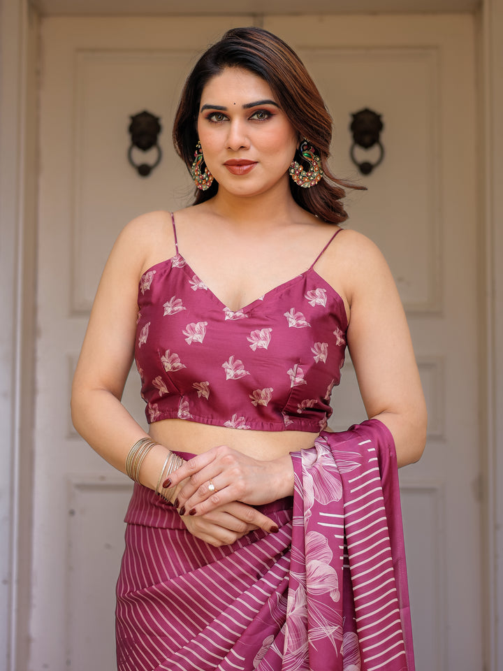 Rose Pink Linear Floral Printed Satin Georgette Saree with Matching Blouse – Graceful Day & Festive Wear