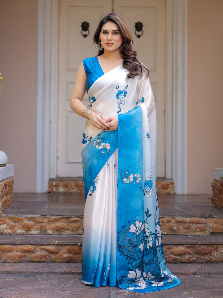 Powder Blue & Ivory Floral Printed Satin Georgette Saree with Matching Blouse – Elegant Party & Day Occasion Wear