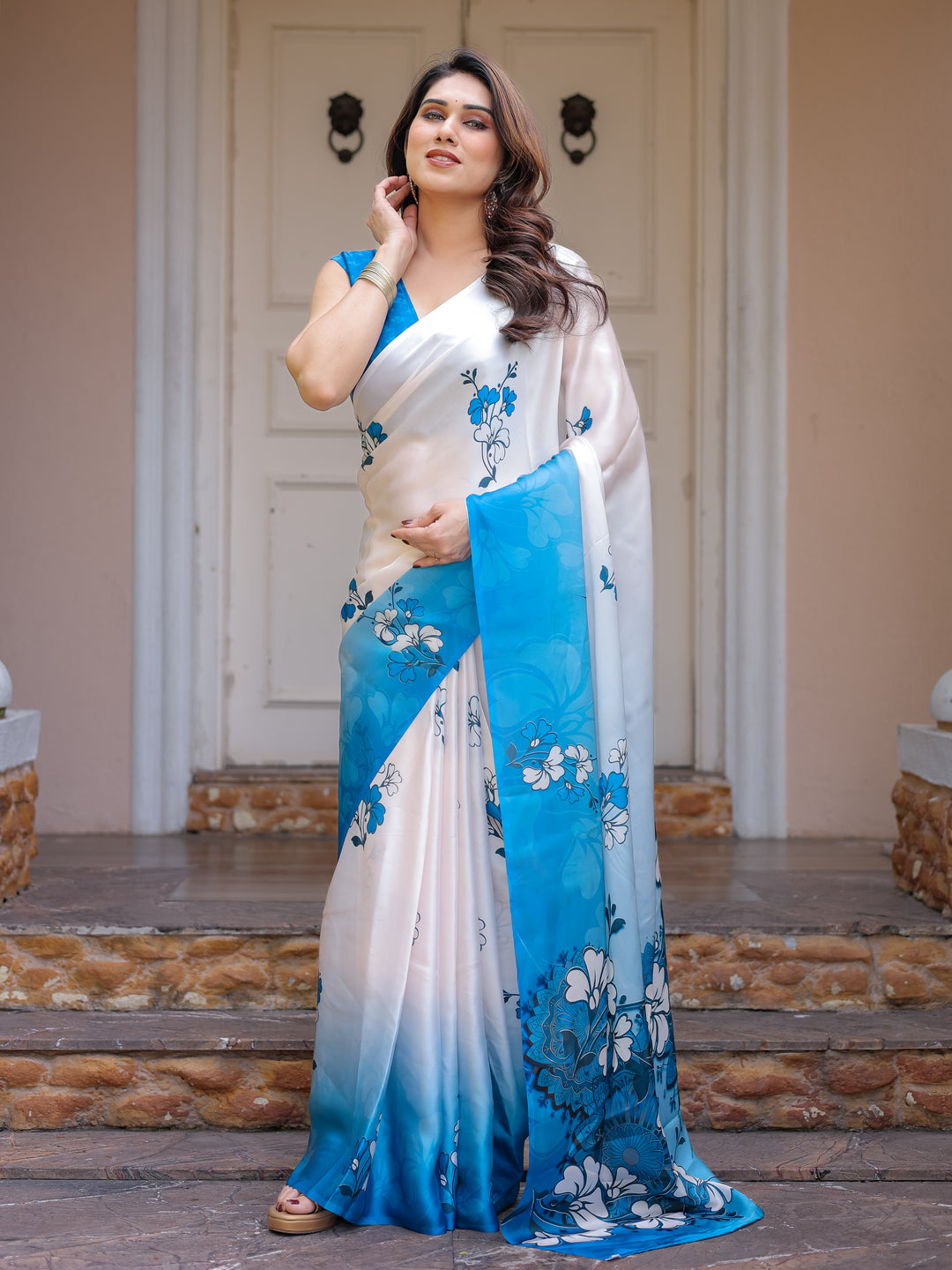 Powder Blue & Ivory Floral Printed Satin Georgette Saree with Matching Blouse – Elegant Party & Day Occasion Wear