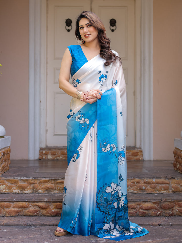 Powder Blue & Ivory Floral Printed Satin Georgette Saree with Matching Blouse – Elegant Party & Day Occasion Wear
