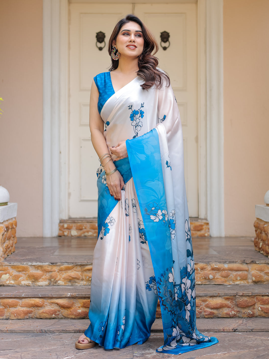 Powder Blue & Ivory Floral Printed Satin Georgette Saree with Matching Blouse – Elegant Party & Day Occasion Wear