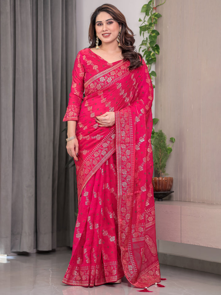 Rose Pink Fendi Satin Block & Foil Print Saree with Attached Blouse & Tassel Detailing